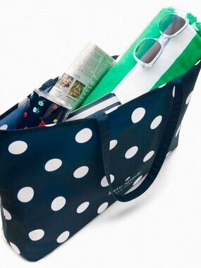 S Kate Spade Dark Navy Blue Canvas Tote Large White Polka Dot 22" x 15" PNDOTTOT